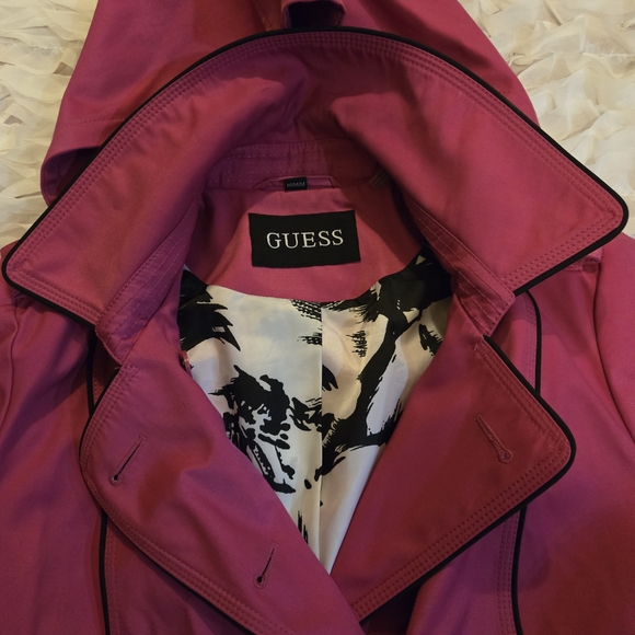Pink Guess Hooded Faux Leather Trim Water Resistant Double Breasted Trench Coat - Picture 3 of 6